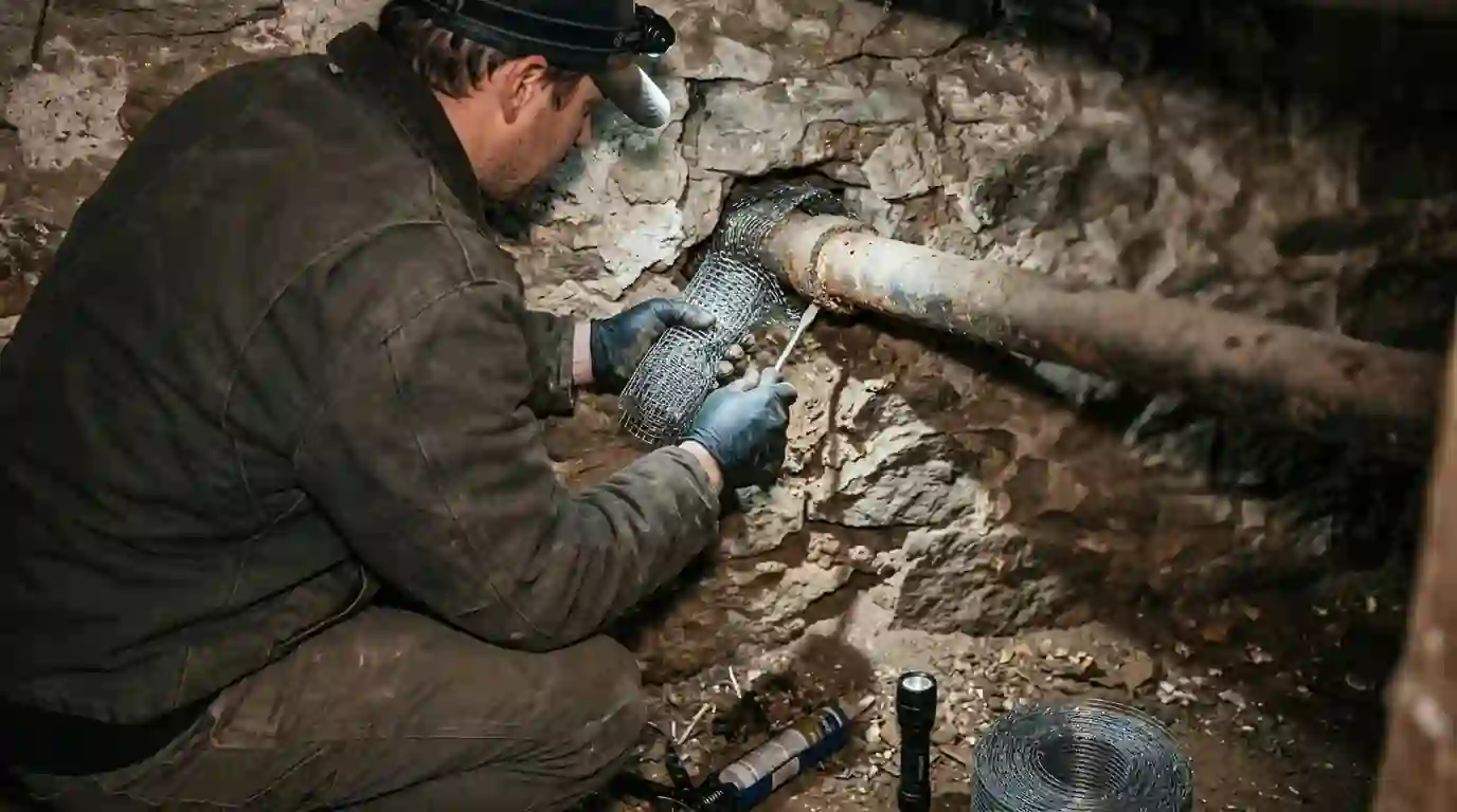 Sealing a pipe penetration with steel mesh and sealant