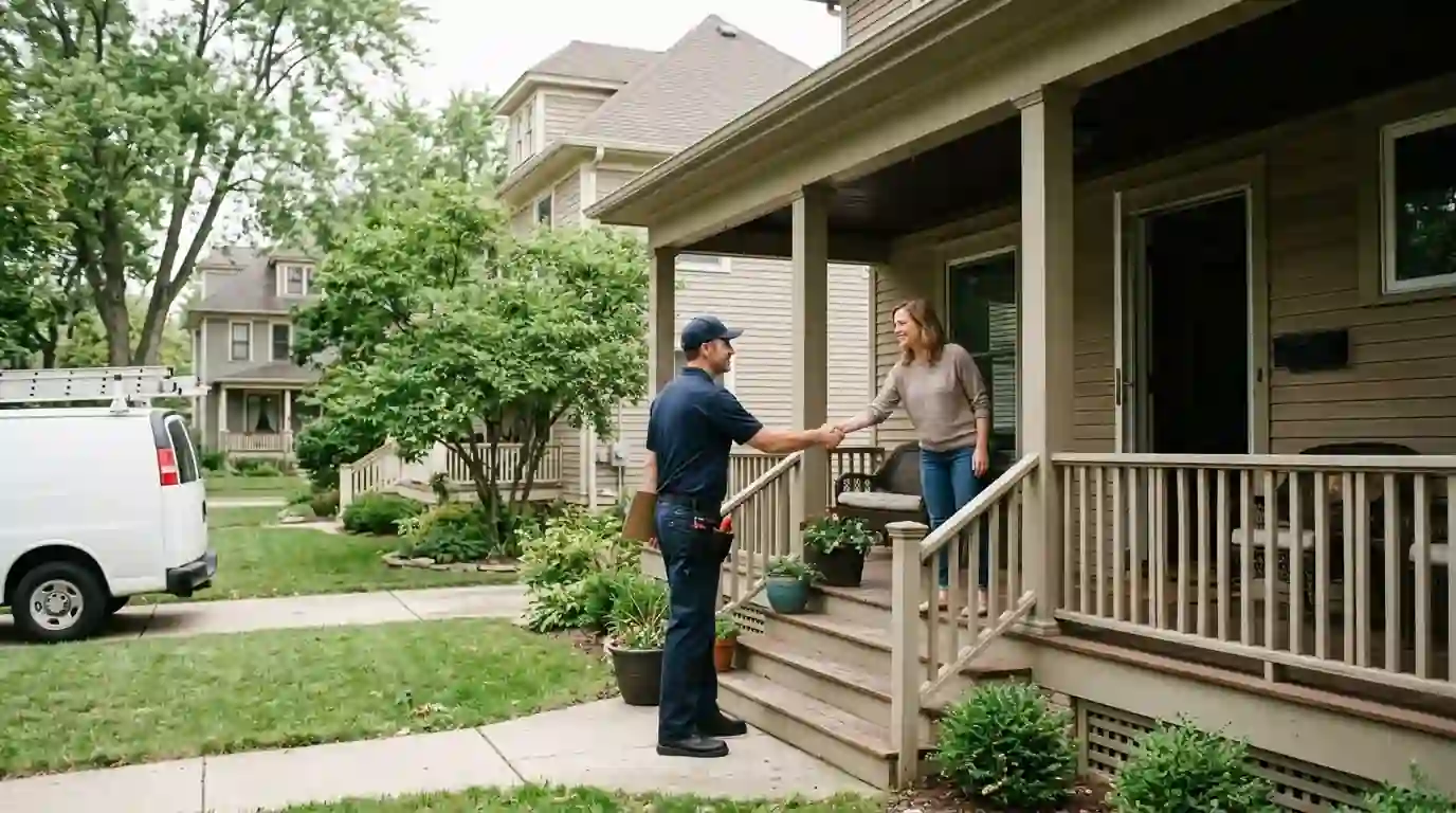 Technician greeting a homeowner on the front porch of an older Illinois home