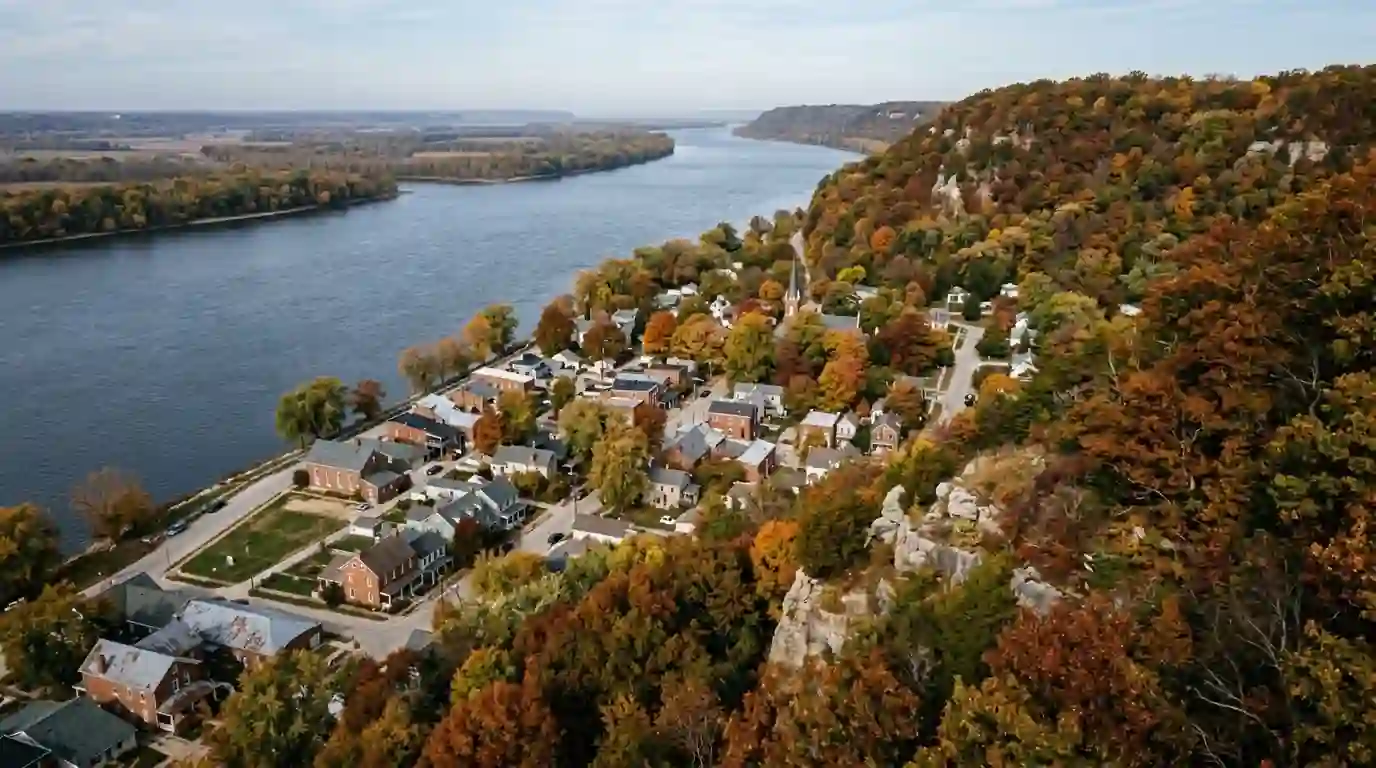 River bluffs and rooftops in Madison County