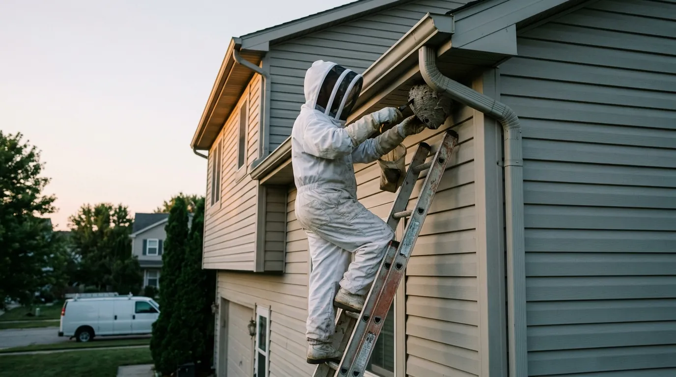 Suited removal of a wasp nest at a soffit corner