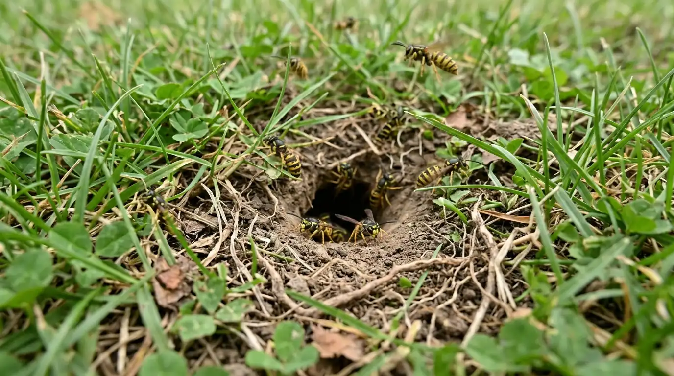 Yellow jacket traffic at a ground nest entrance