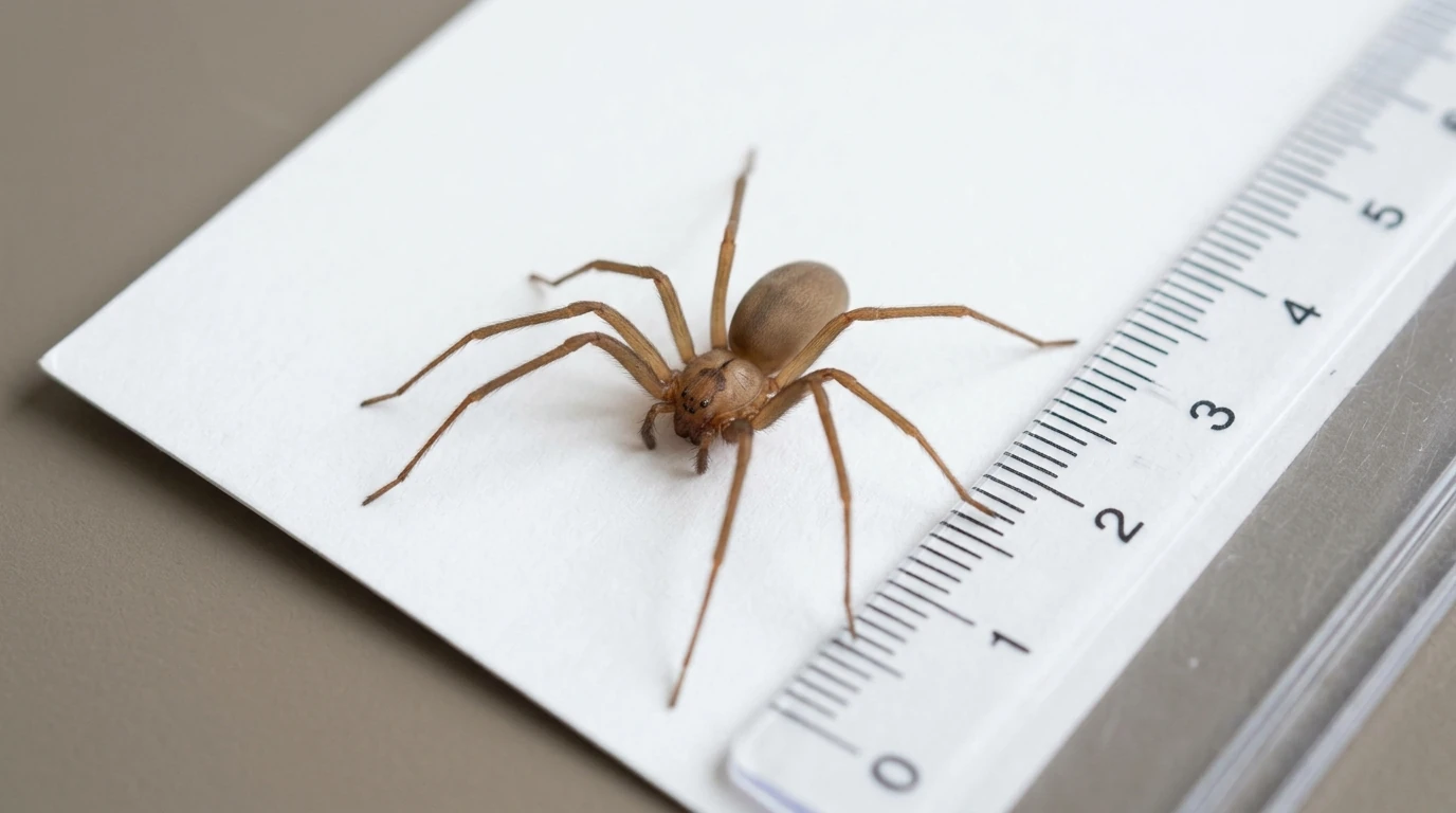 Brown recluse spider on an index card beside a ruler