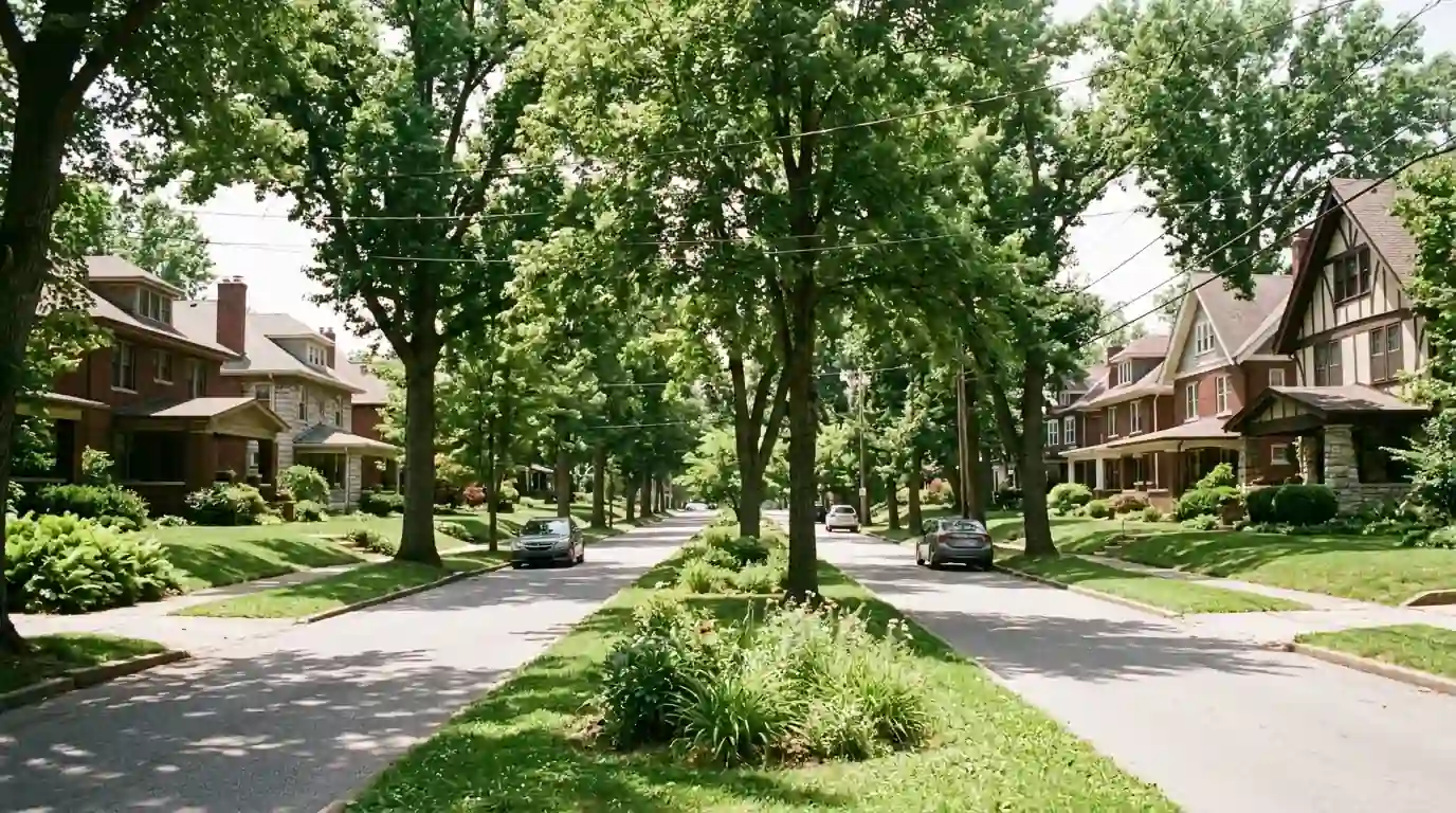 Signal Hill boulevard lined with large older homes