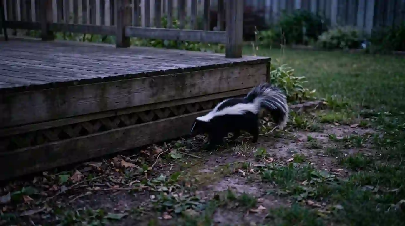 Skunk at a deck base at dusk