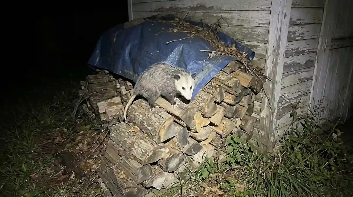 Opossum on a woodpile beside a shed at night