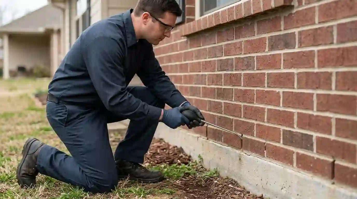 Dusting an exterior weep hole on a brick wall