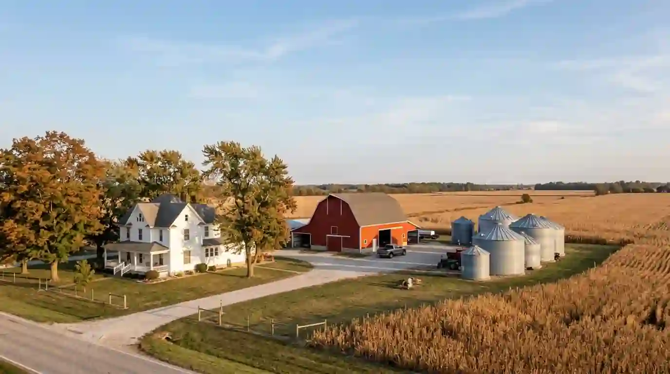 Washington County farmstead with grain bins and a barn