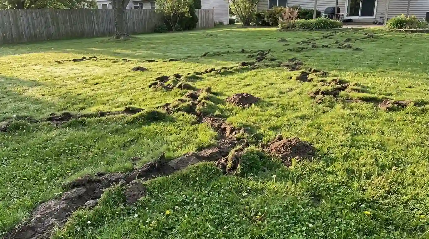 Mole tunnel ridges crossing a lawn