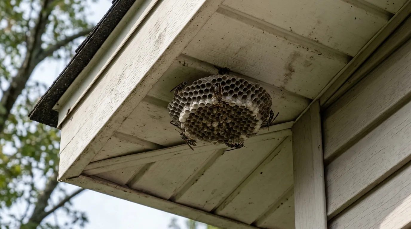 Paper wasp nest under a soffit, seen from below