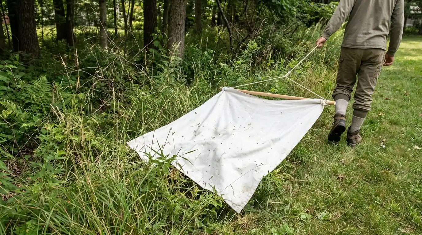 Drag cloth sampling the tall grass edge of a yard