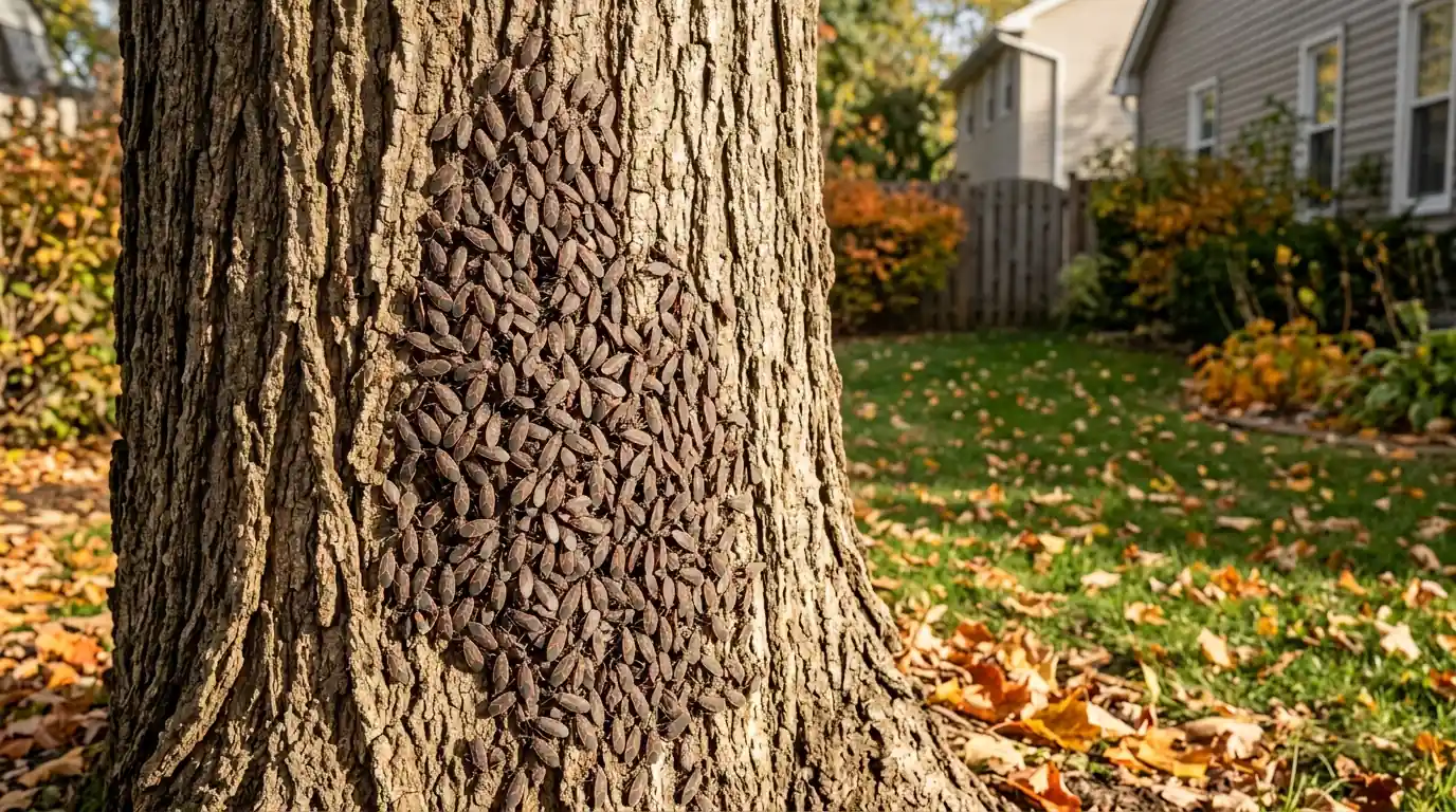 Boxelder bugs massed on a host tree in fall