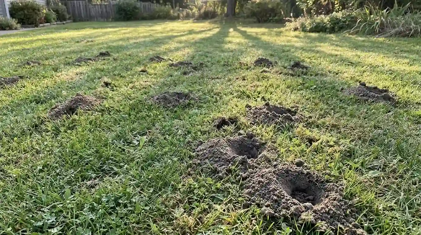 Overnight skunk grubbing holes across a lawn