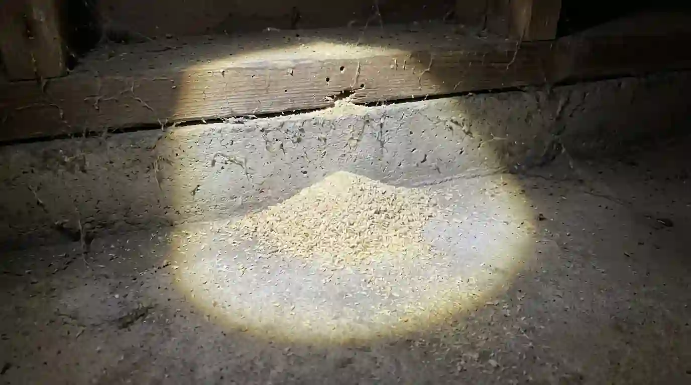 Frass pile below a sill plate marking a carpenter ant gallery