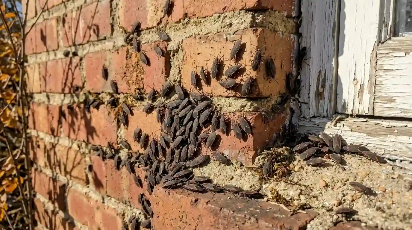 Fall boxelder bugs gathering on a sunny Belleville brick wall