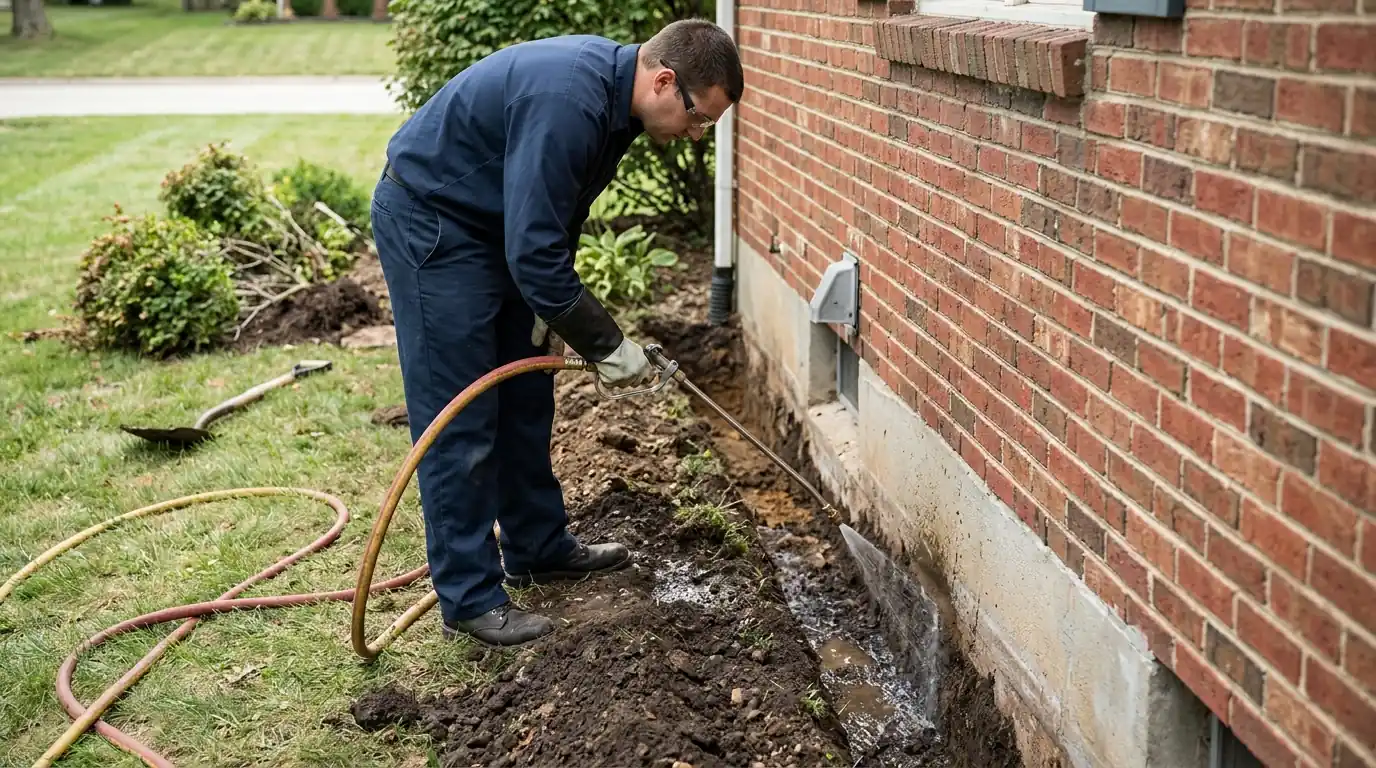 Liquid soil treatment being trenched along a brick foundation