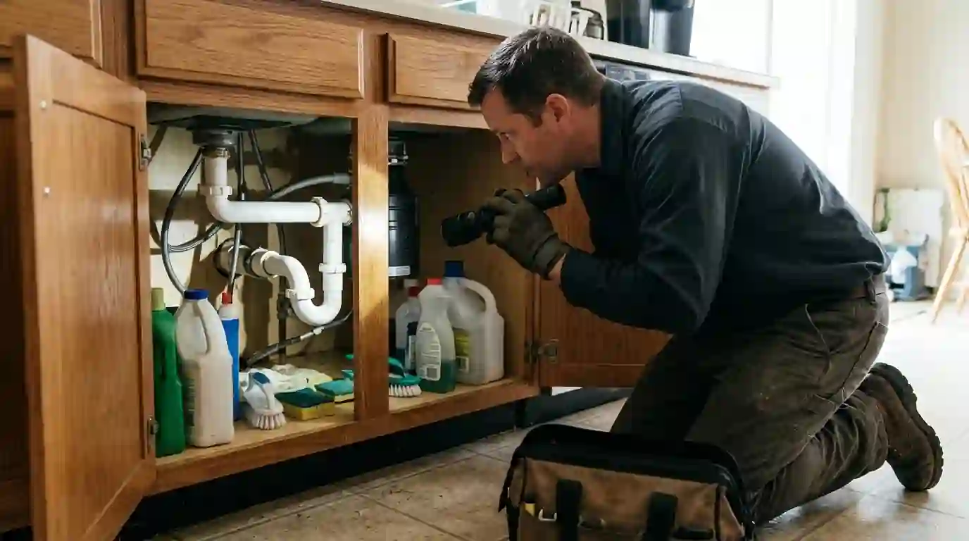 Drain and trap inspection under a kitchen sink