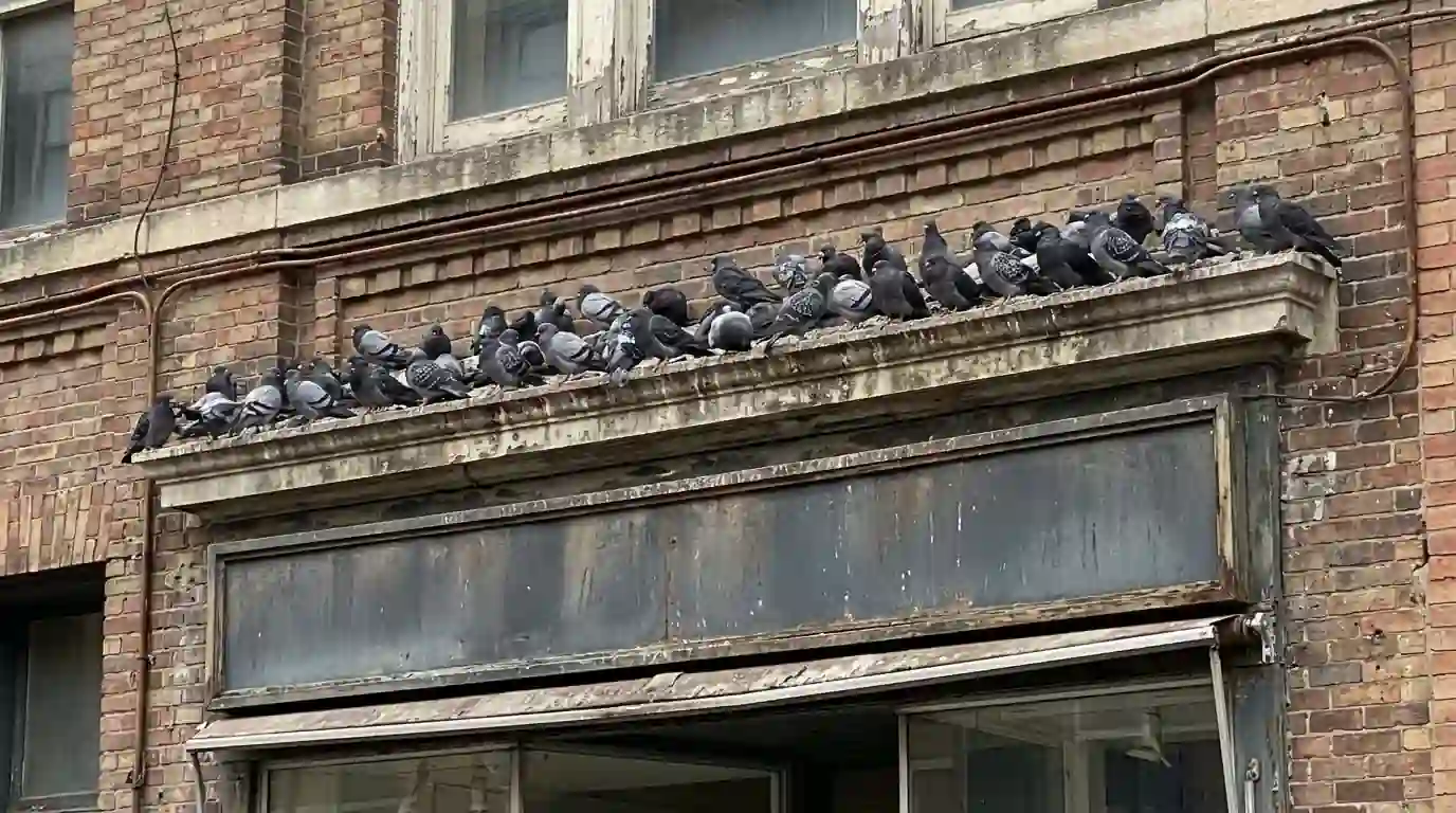 Pigeons holding a downtown ledge