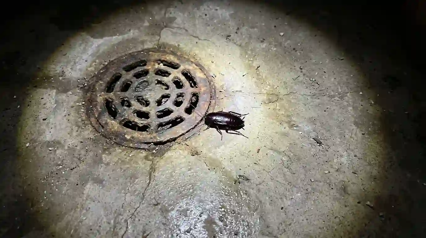 Oriental cockroach near a basement floor drain