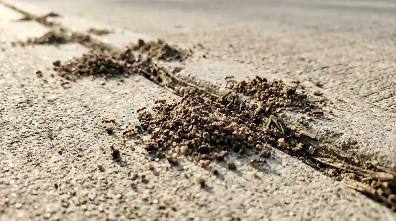 Pavement ant soil mounds along a driveway expansion joint