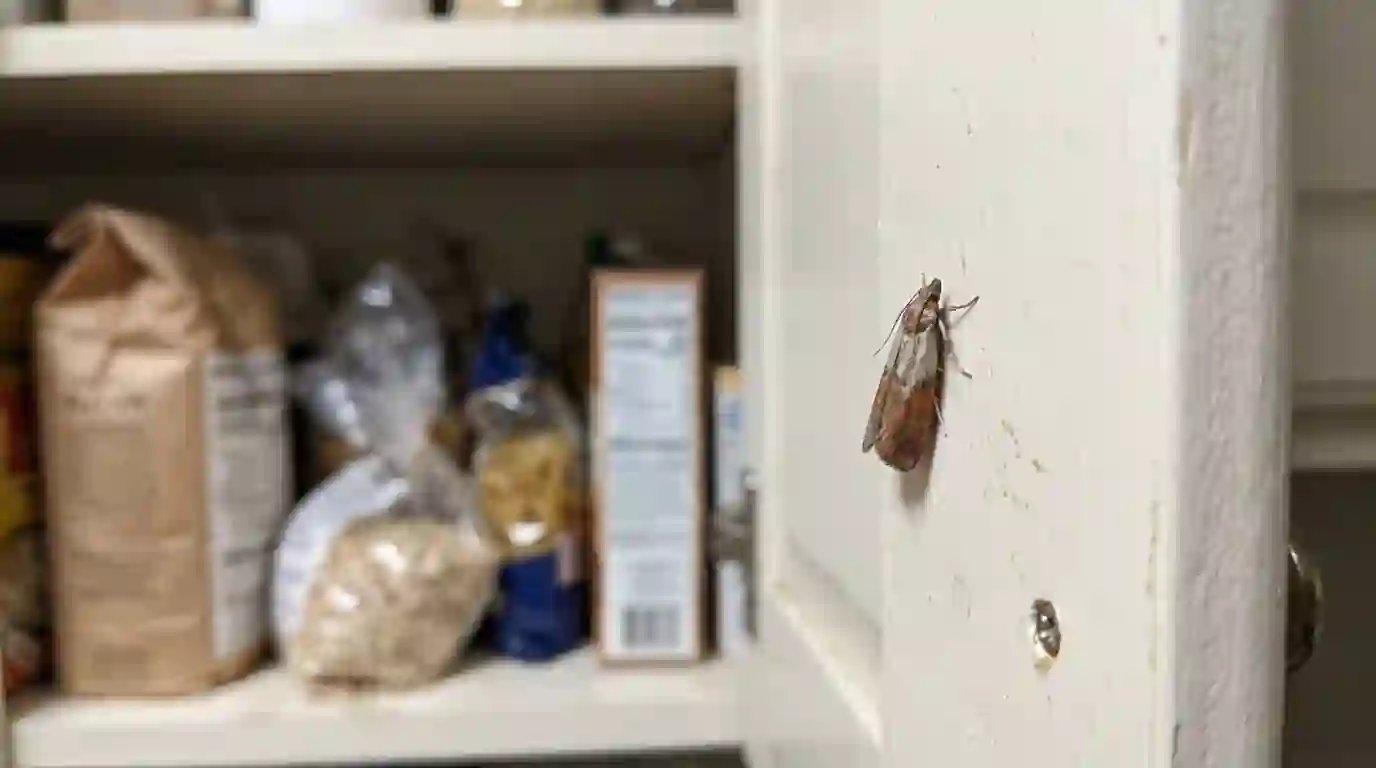 Indian meal moth inside a kitchen cabinet door