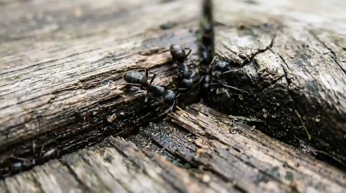 Carpenter ants working a damp deck corner