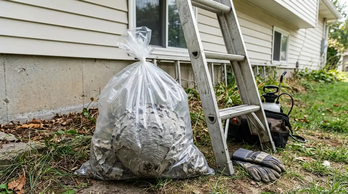 Removed wasp nest bagged beside the ladder