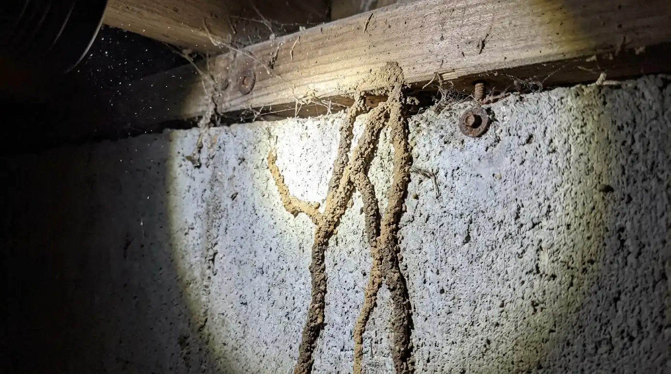 Mud tubes climbing a foundation wall toward the sill plate