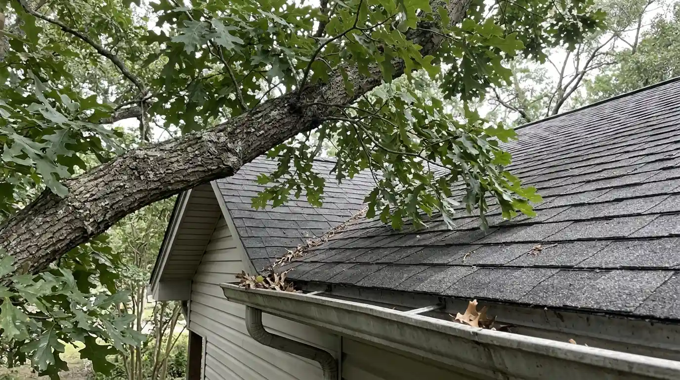 Overhanging limb bridging the canopy to a roofline