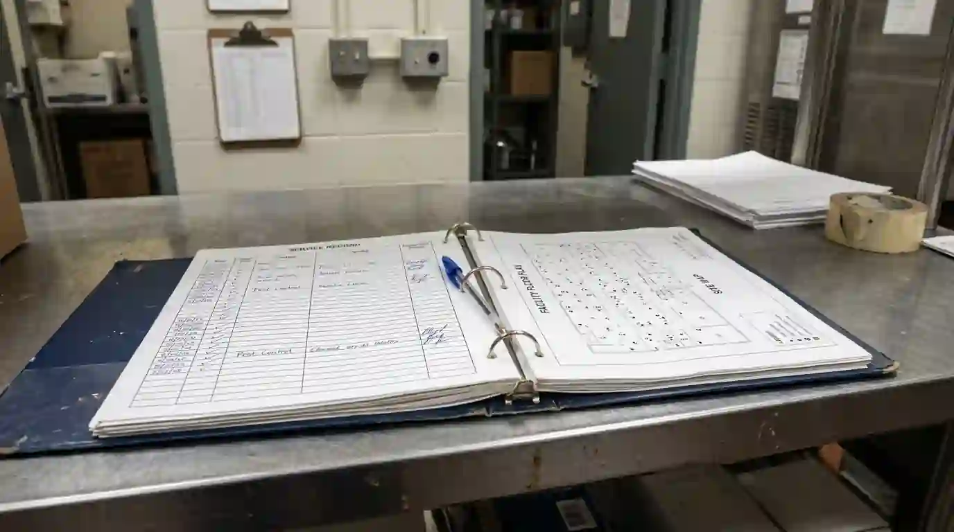 Commercial site logbook with service records and floor plan
