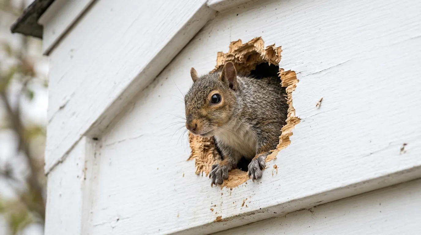 Squirrel at a gnawed fascia entry point
