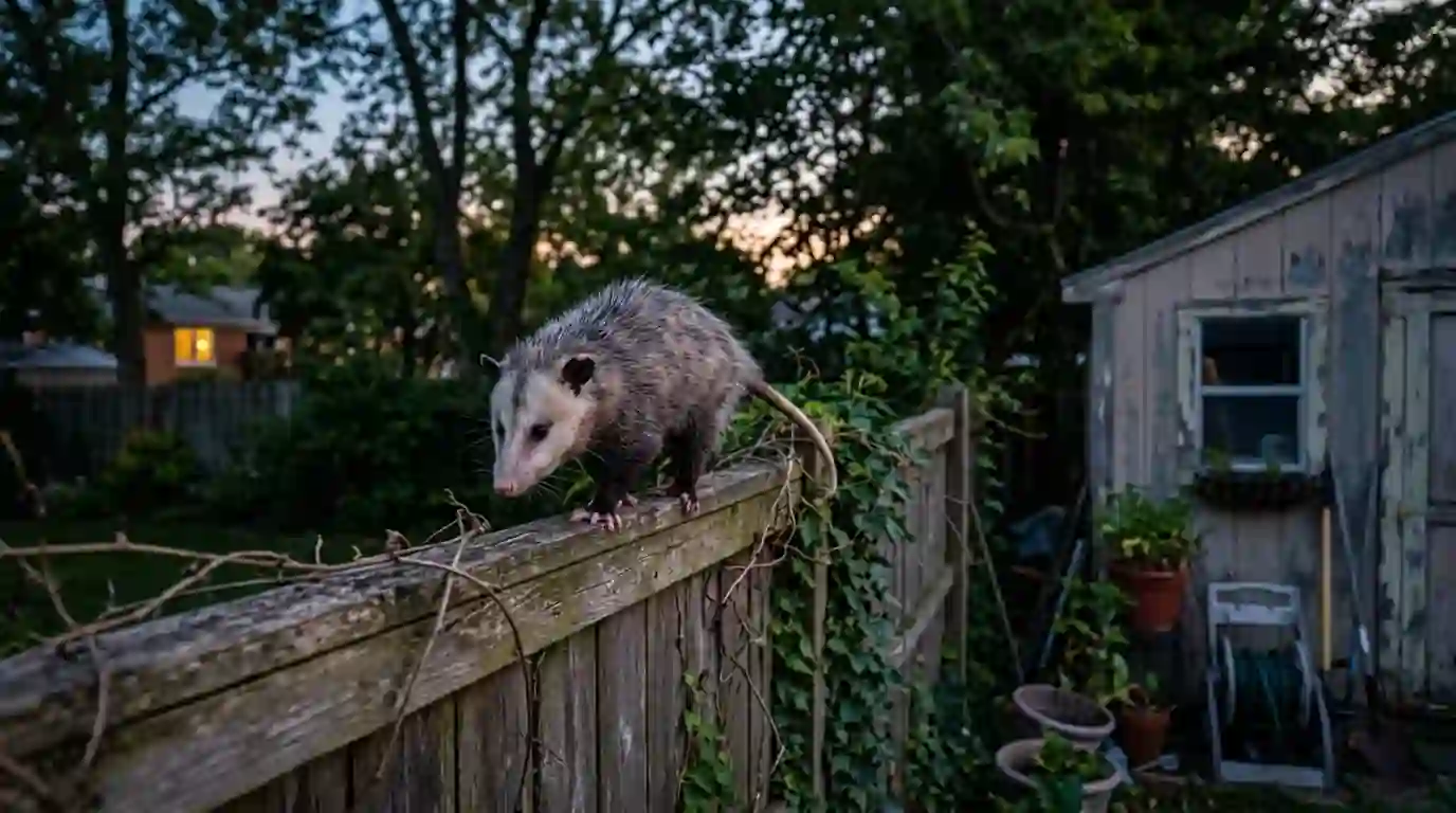 Opossum on a fence line, a common flea source in older neighborhoods