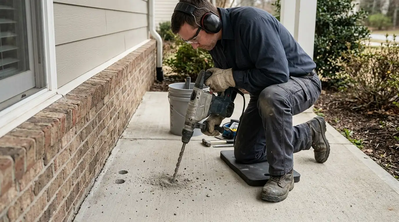 Slab drilling for termiticide injection where the porch meets the foundation