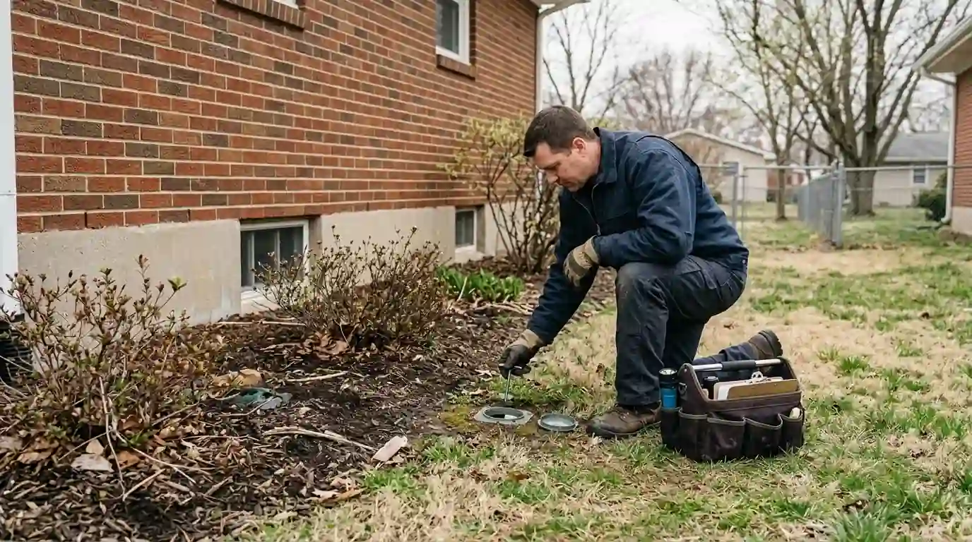 Spring termite bait station check beside a Belleville brick home
