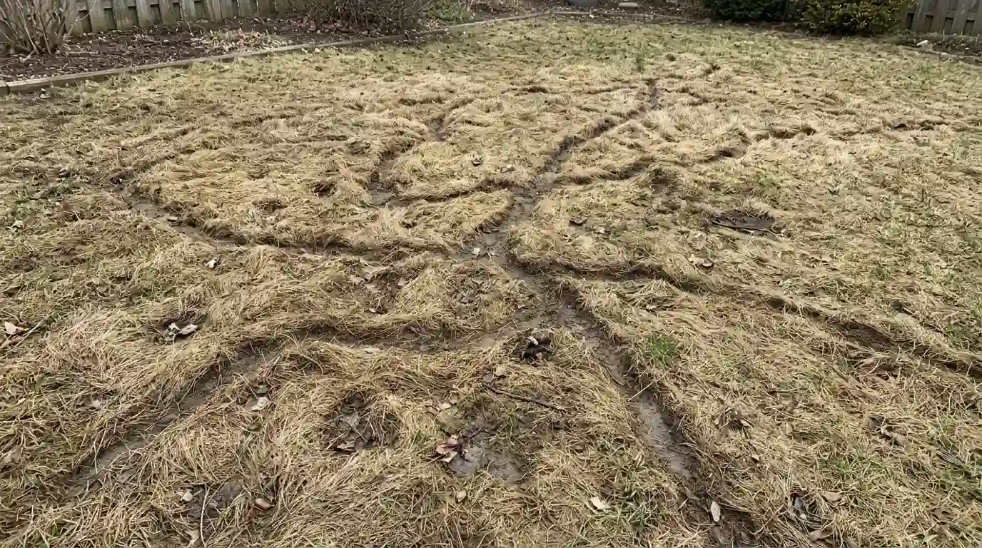 Vole runway trails revealed in spring grass