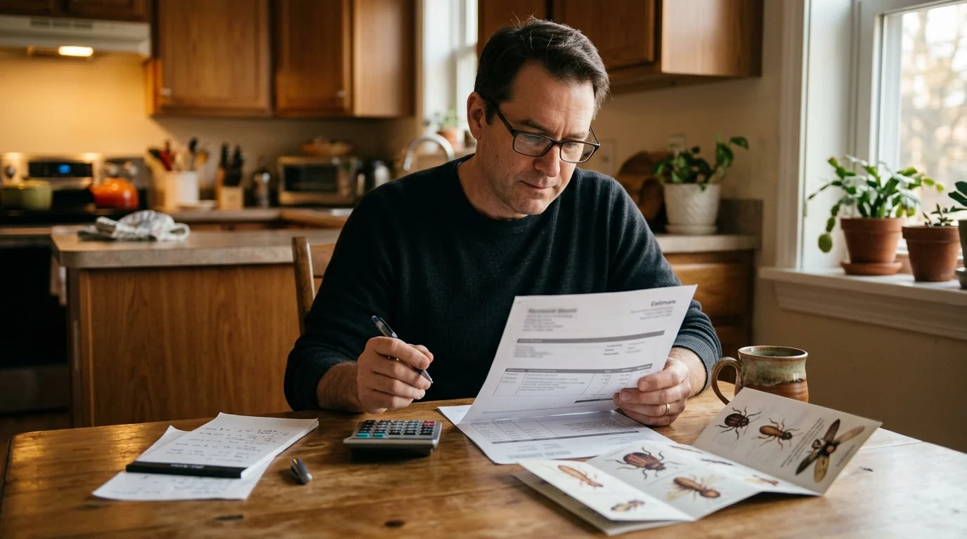 Homeowner reviewing a pest control estimate at the kitchen table