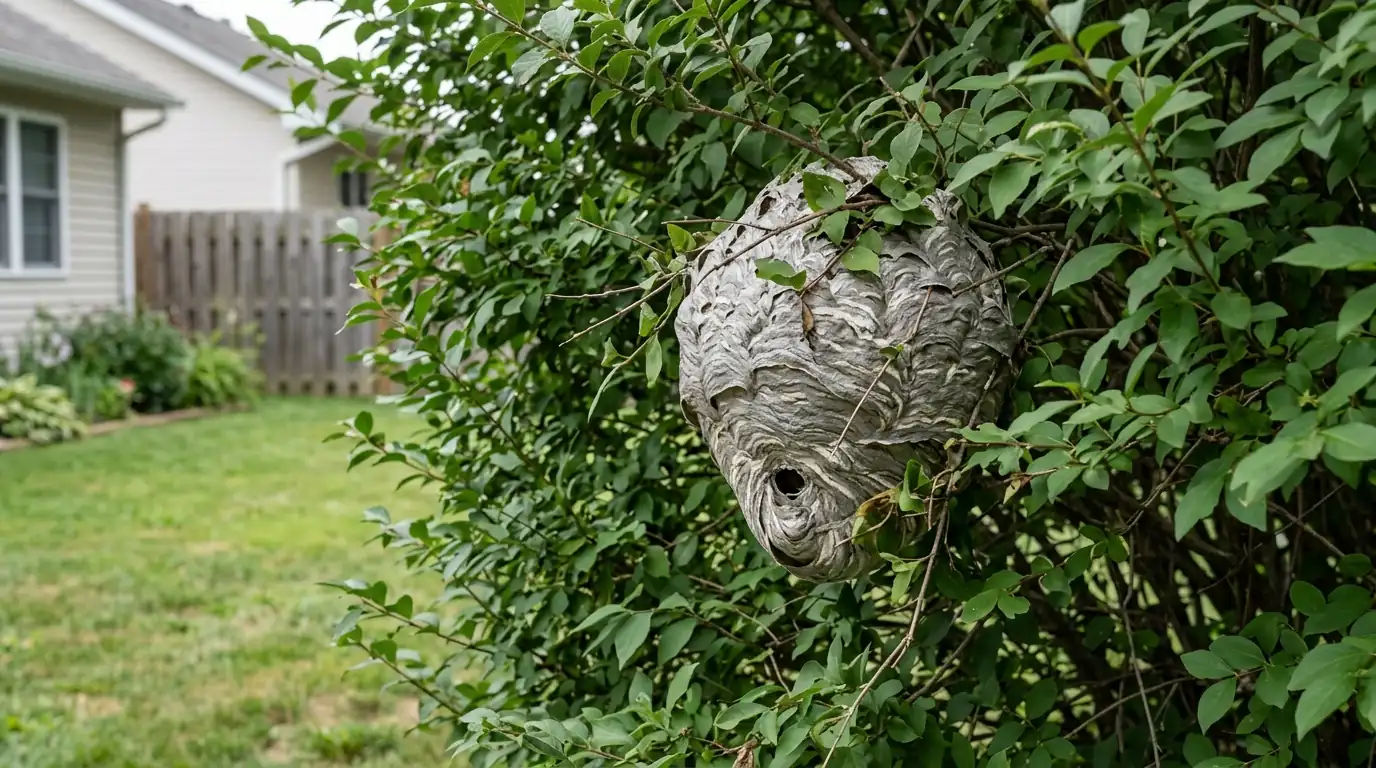 Bald-faced hornet nest hanging in a yard shrub