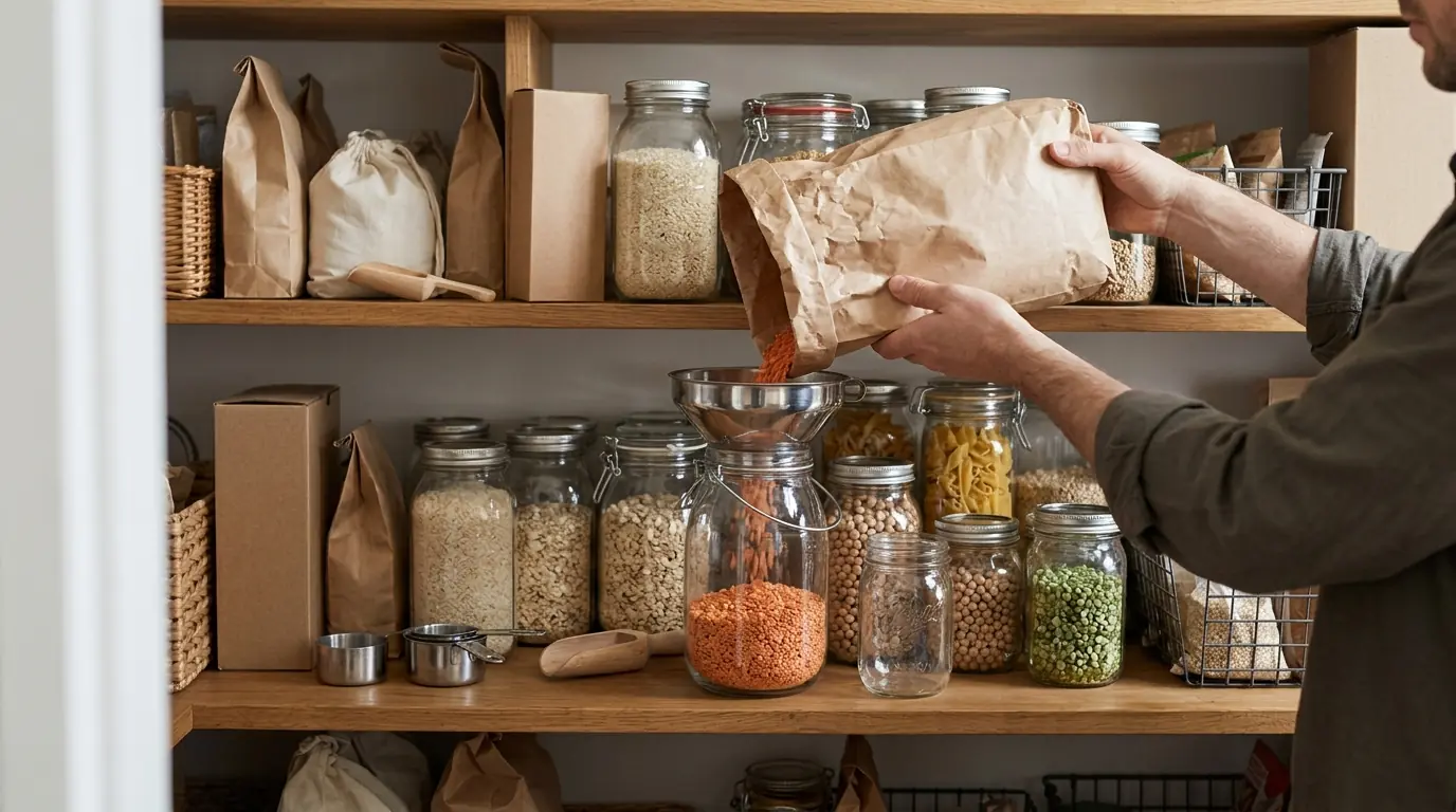 Sorting pantry dry goods into sealed jars