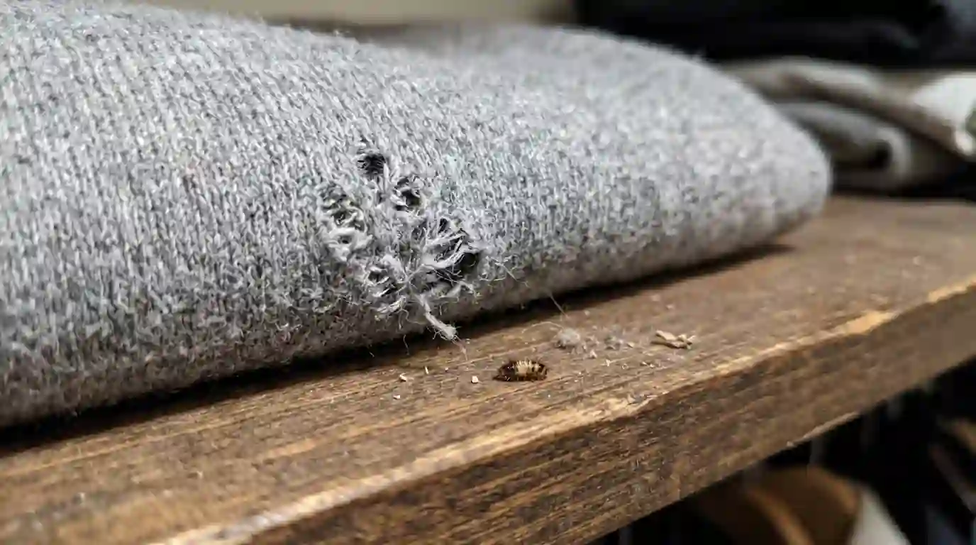Fabric damage and a carpet beetle larva on a wool sweater