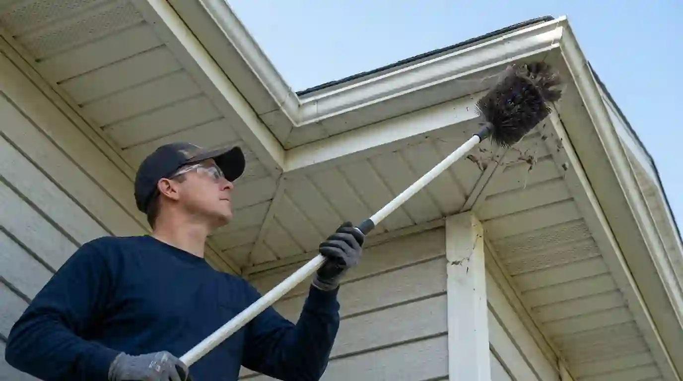 Web sweep along a soffit corner during a quarterly visit