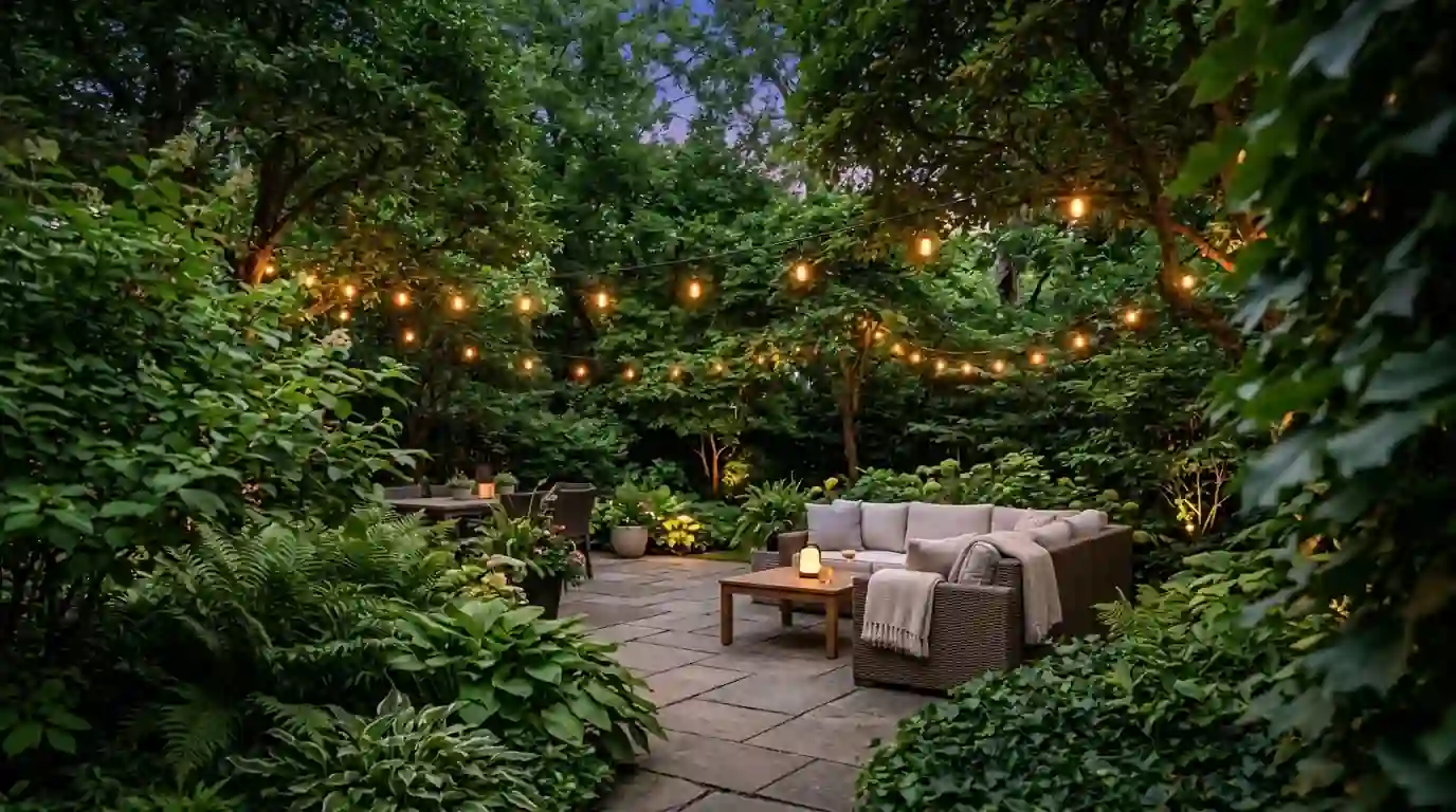 Shaded Belleville patio at dusk, the space a program gives back