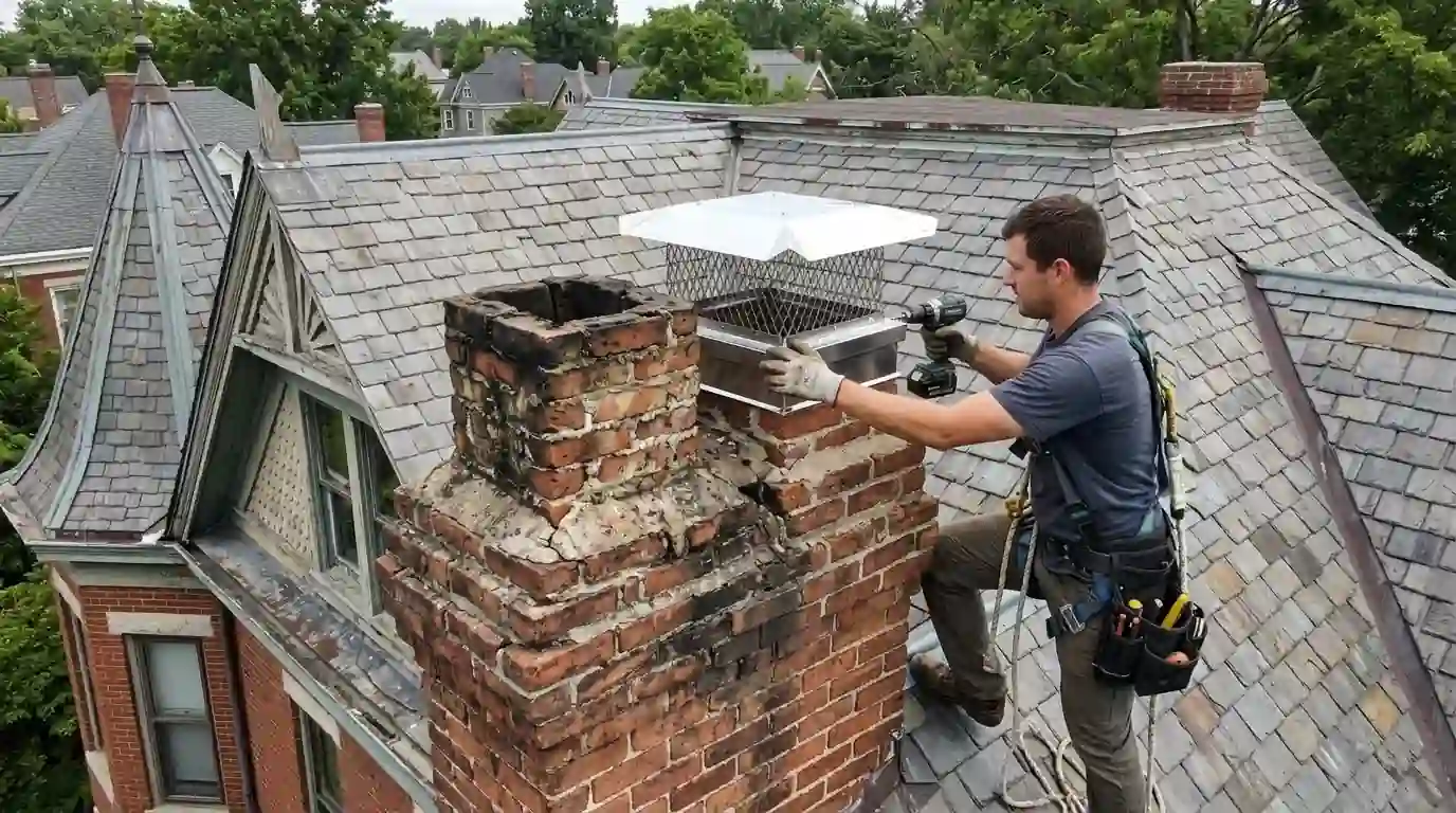 Chimney capping on an older Belleville roofline