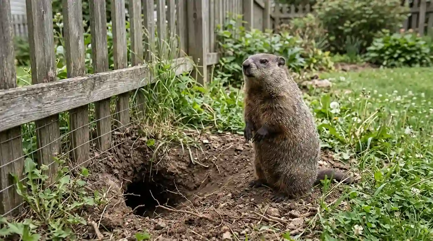 Groundhog at an active burrow entrance by a garden