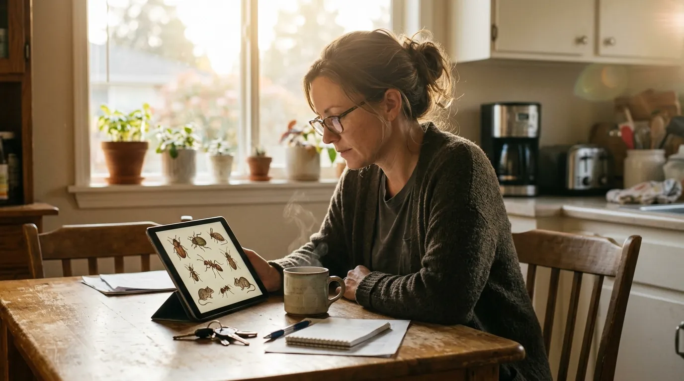 Homeowner reading a pest guide at the kitchen table