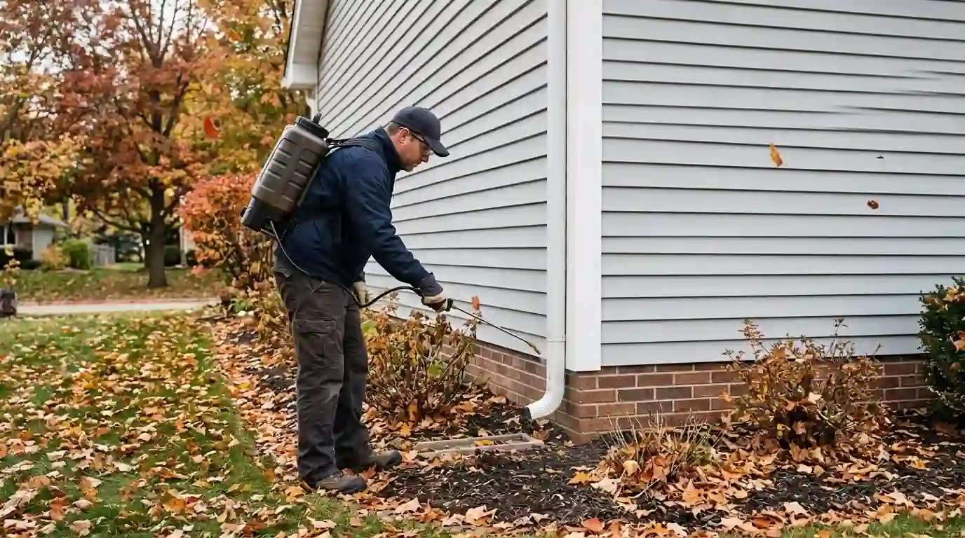 Autumn quarterly perimeter treatment at a home corner