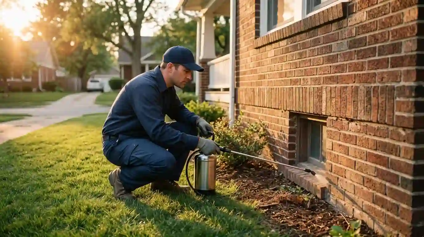 Technician inspecting the foundation line of a brick home
