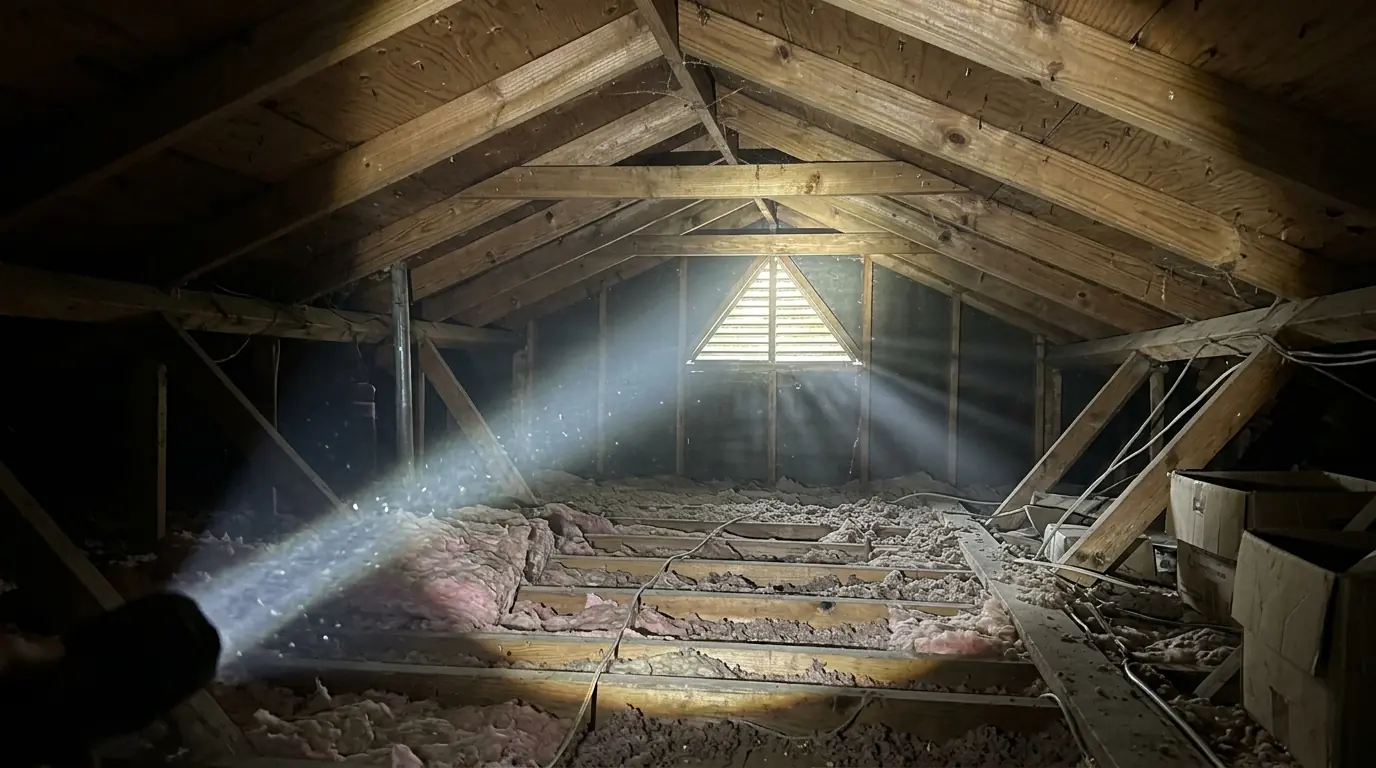 Attic interior with a flashlight beam across insulation and rafters