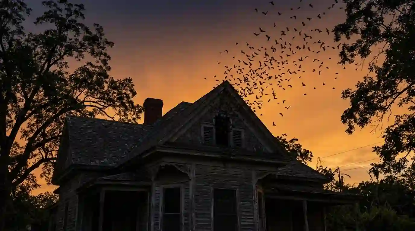 Evening fly-out from a gable on an older home